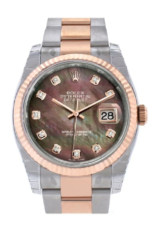 Rolex Datejust 36 Black mother-of-pearl diamonds Dial Fluted Steel and 18k Rose Gold Oyster Watch 116231 Pre-owned