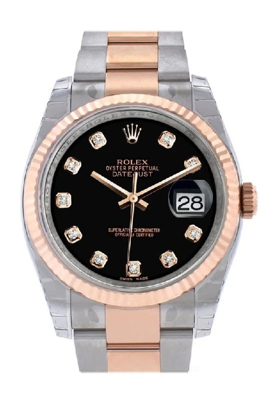 Rolex Datejust 36 Black set with diamonds Dial Fluted Steel and 18k Rose Gold Oyster Watch 116231 Pre-owned