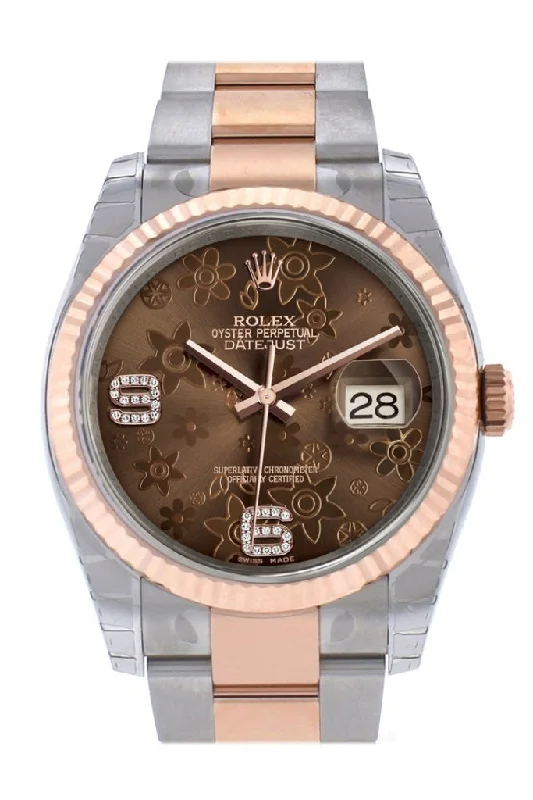 Rolex Datejust 36 Chocolate floral motif diamonds Dial Fluted Steel and 18k Rose Gold Oyster Watch 116231 Pre-owned