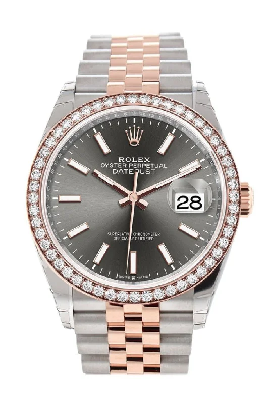 Rolex Datejust 36 Dark Rhodium Dial Diamond Bezel Rose Gold Two Tone Jubilee Watch 126281RBR 126281 NP