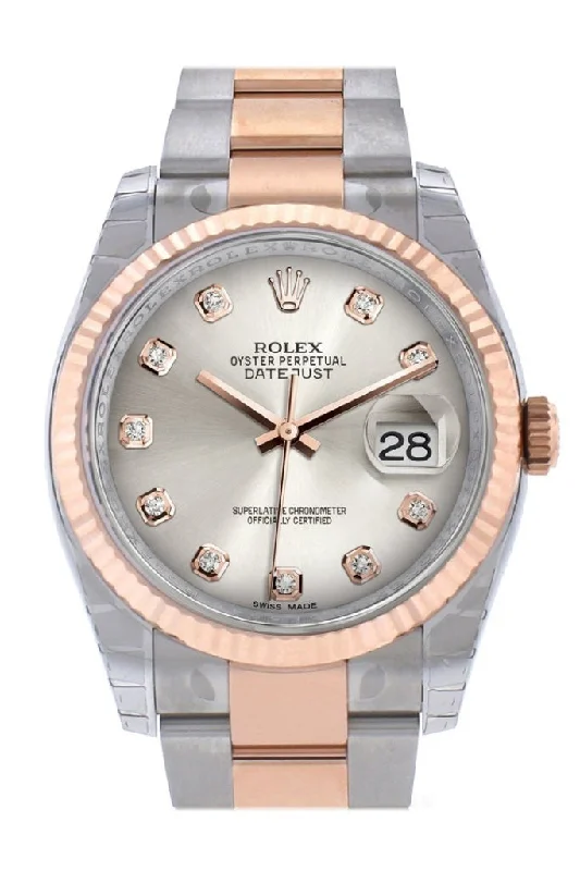 Rolex Datejust 36 Silver diamonds Dial Fluted Steel and 18k Rose Gold Oyster Watch 116231 Pre-owned