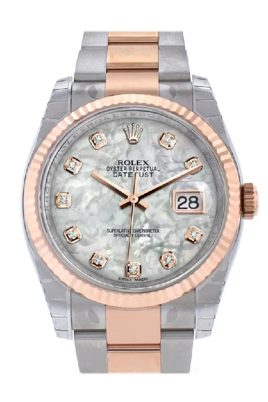 Rolex Datejust 36 White mother-of-pearl diamonds Dial Fluted Steel 18k Rose Gold Oyster Watch 116231 Pre-owned