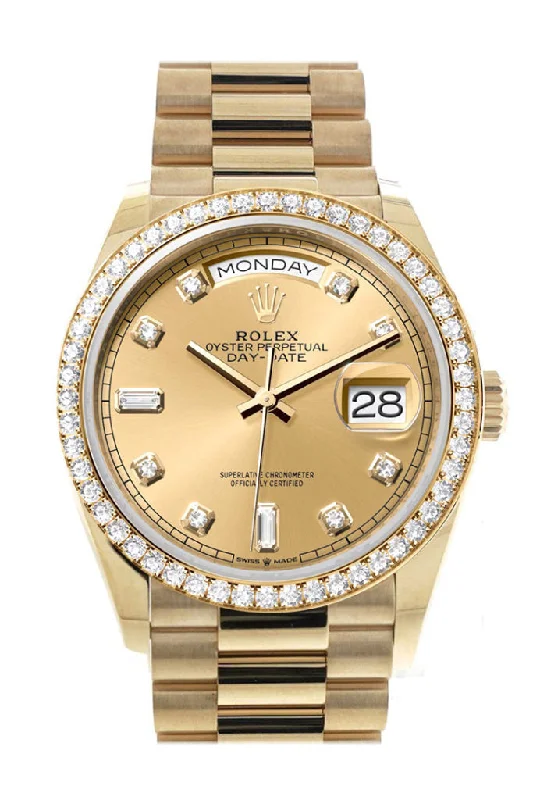 Rolex Day-Date 36 Champagne Diamond Dial Gold Diamond Bezel Watch 128348RBR-0008 128348RBR