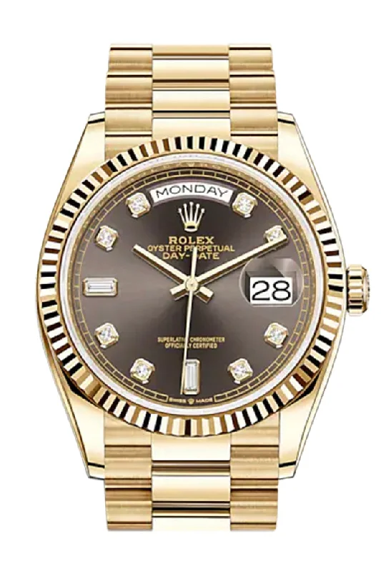 ROLEX Day-Date 36 Dark Grey Diamond Dial 18K Yellow Gold Watch 128238