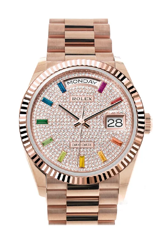 Rolex Day-Date 36 Diamond Paved Dial Fluted Bezel 18K Everose gold President Watch 128235