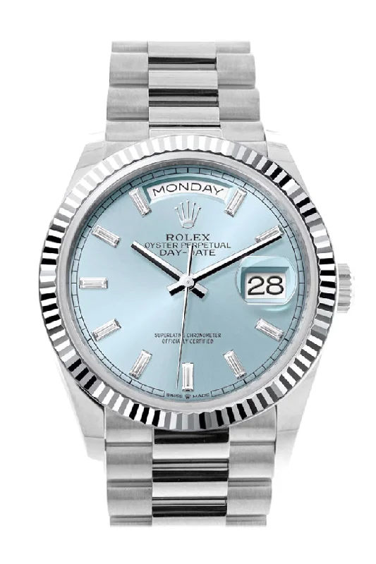 Rolex Day-Date 36 Ice Blue Diamond Dial Fluted Bezel Platinum President Watch 128236