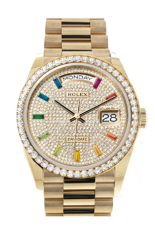 Rolex Day-Date 36 Paved Rainbow Sapphire Dial Gold Diamond Bezel Diamond President Watch 128348RBR-0030 128348RBR