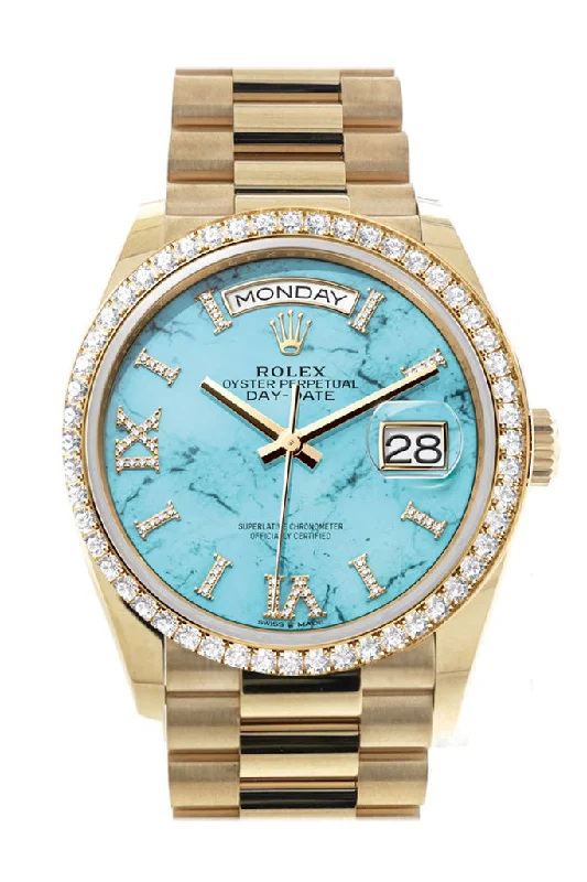 Rolex Day-Date 36 Turquoise Dial Gold Diamond Bezel Watch 128348RBR-0037 128348RBR