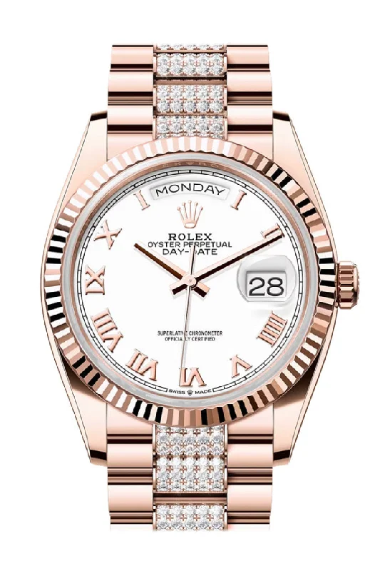 Rolex Day-Date 36 White Dial Fluted Bezel 18K Everose gold Diamond President Watch 128235 DC