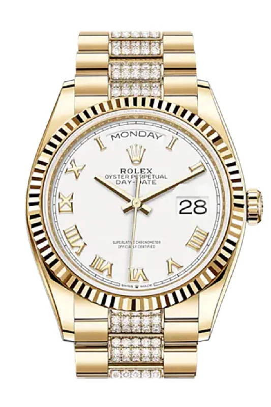 ROLEX Day-Date 36 White Roman Dial 18K Yellow Gold Watch Diamond set president Bracelet 128238 DC