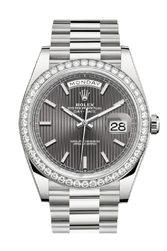 Rolex Day-Date 40 Dark Rhodium Stripe Motif Dial Diamond Bezel White Gold President Automatic Men's Watch 228349RBR DC