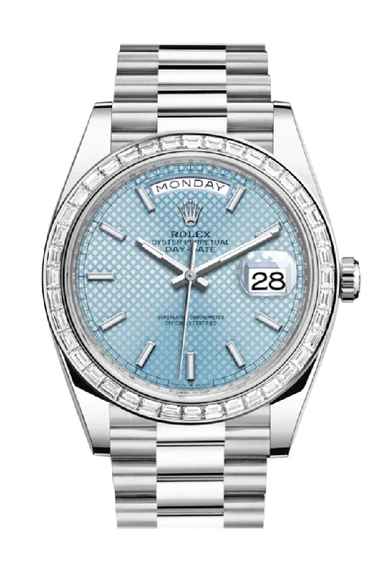 Rolex Day-Date 40 Ice Blue Diagonal Motif Roman Dial 40 Baguette Diamond Bezel Platinum President Automatic Men's Watch 228396TBR DC