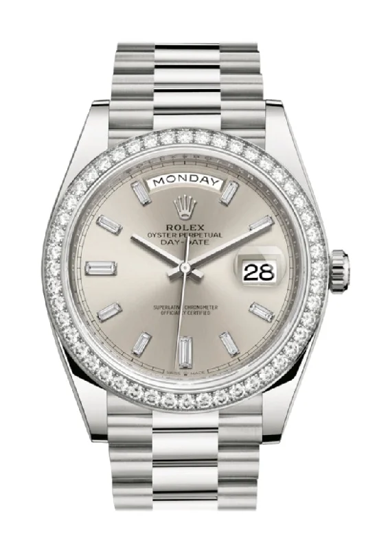 Rolex Day-Date 40 Silver Baguette Diamond Dial Diamond Bezel White Gold President Automatic Men's Watch 228349RBR 228349