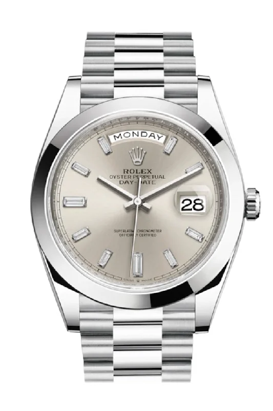 Rolex Day-Date 40 Silver Baguette Diamond Dial Dome Bezel Platinum President Automatic Men's Watch 228206 DC