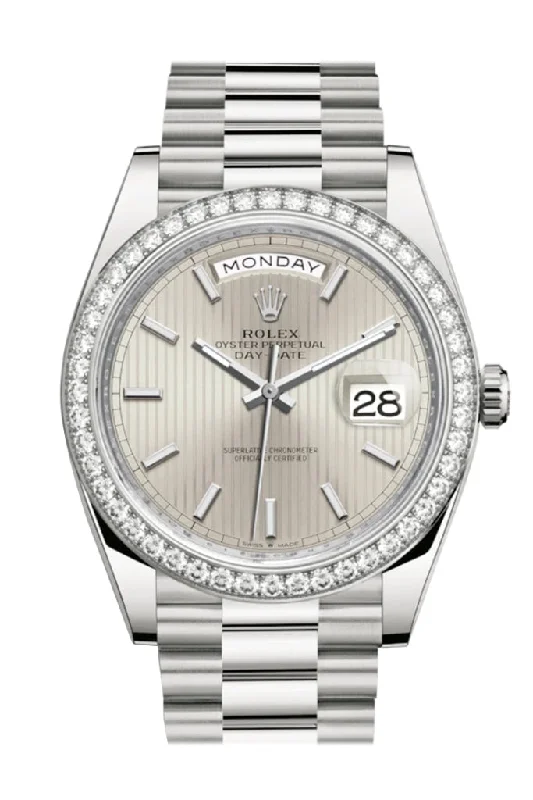 Rolex Day-Date 40 Silver Stripe Motif Dial Diamond Bezel White Gold President Automatic Men's Watch 228349RBR DC