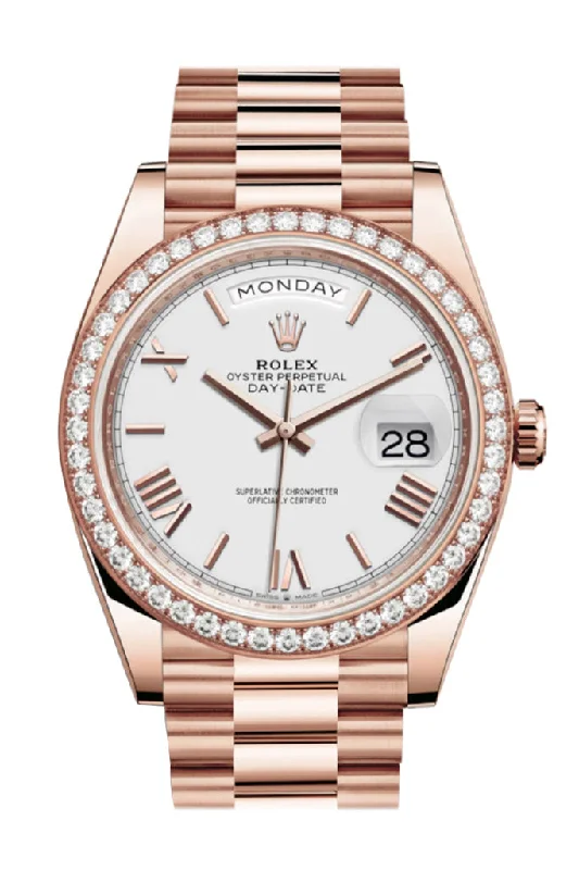 Rolex Day-Date 40 White Roman Dial Diamond Bezel 18K Everose gold President Automatic Men's Watch 228345RBR 228345