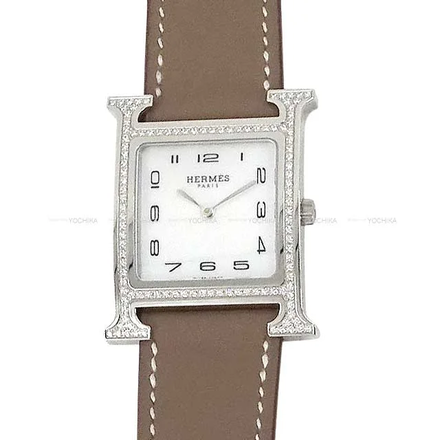 HERMES Watches H Watch MM HH1.531 30ｍｍ Etoupe Stainless steel/Veau Swift/Mother of Pearl/Diamond Silver HW Stamp Z[EXCELLENT][Authentic]