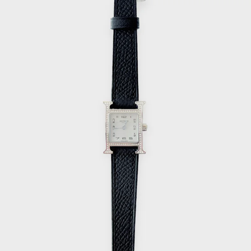 Hermes Heure H Diamond Set H Watch, Black Calfskin Strap, 21mm